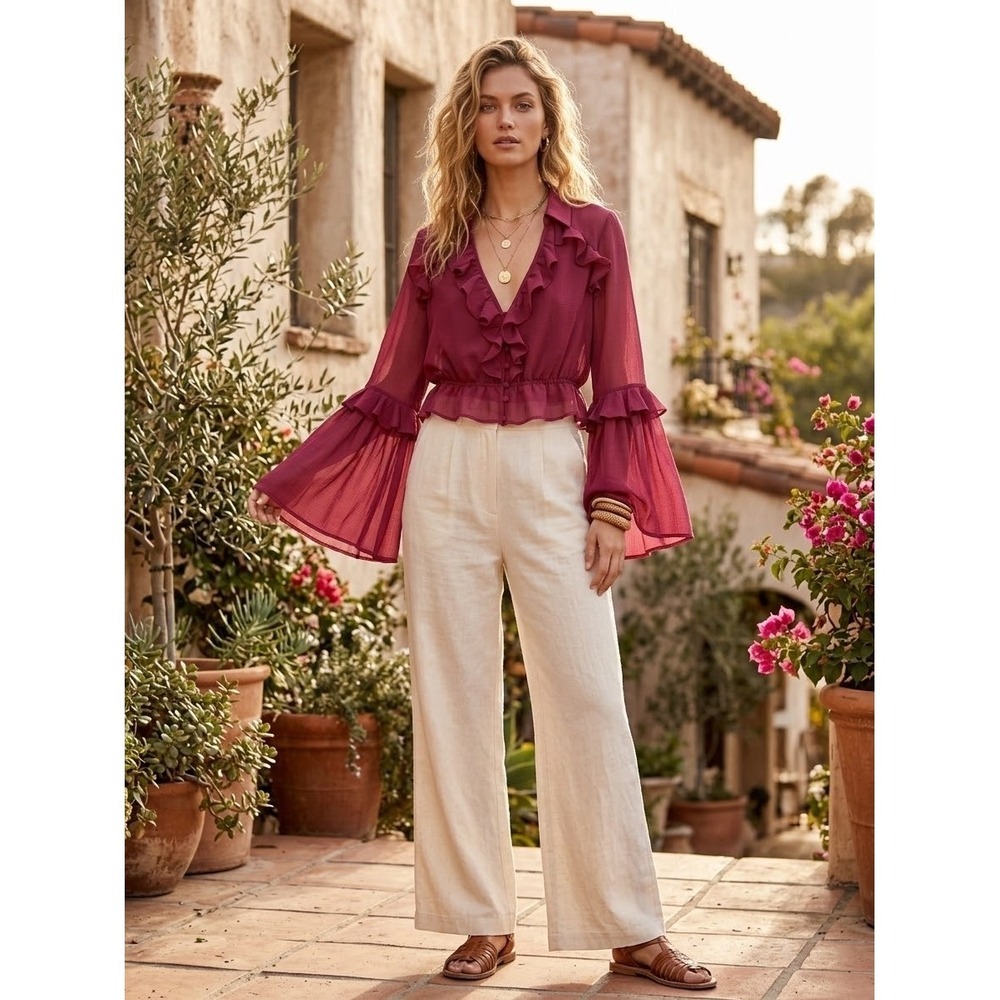 Anthropologie Ruffle Cropped Blouse Bell Sleeve Magenta Sheer Top M OB1627533